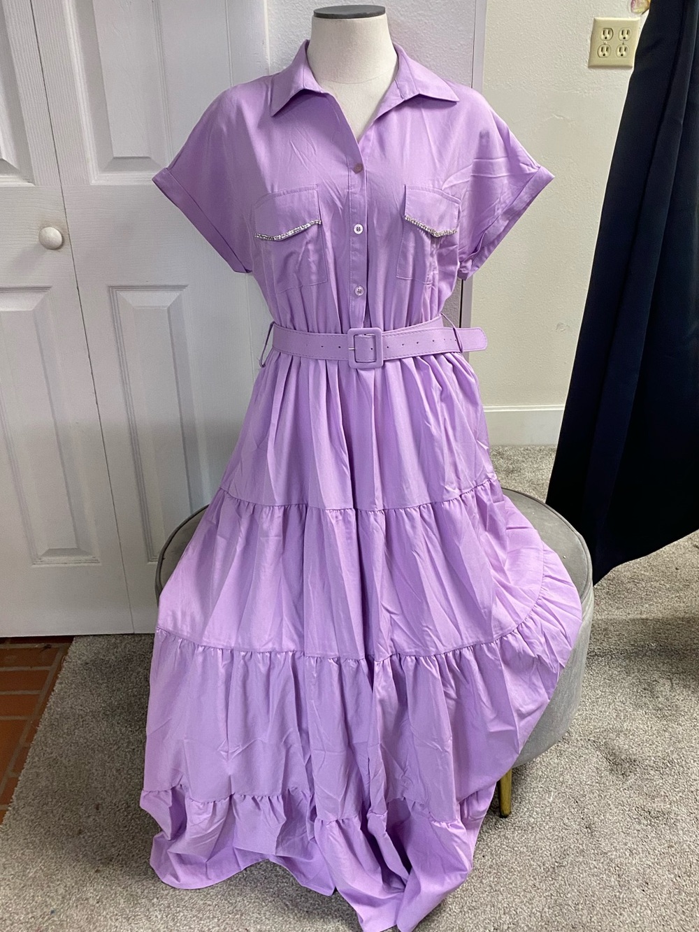 Lavender Tiered Maxi Shirt Dress with Waist Belt